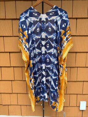 BANYAN TREE | Indigo Ikat Kimono Boho Beach Cover-up Resort-wear Caftan | OS